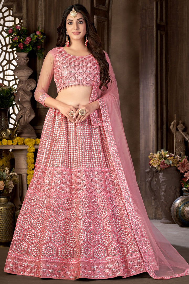 Net Fabric Pink Color Wonderful Lehenga With Sequins Work