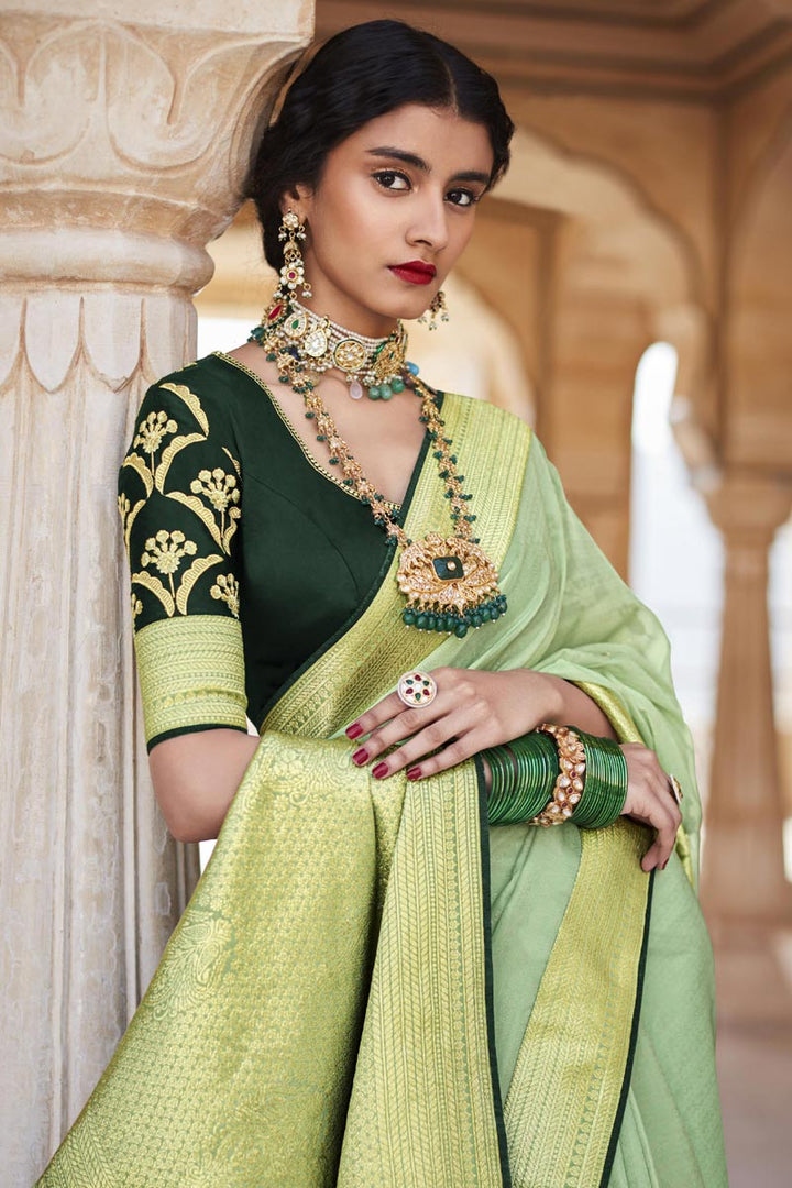 Art Silk Fabric Sea Green Color Weaving Work Function Wear Engrossing Saree
