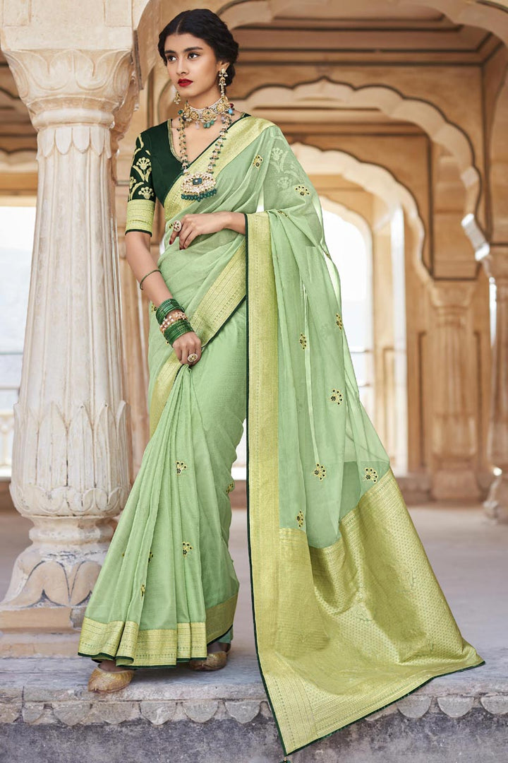 Art Silk Fabric Sea Green Color Weaving Work Function Wear Engrossing Saree