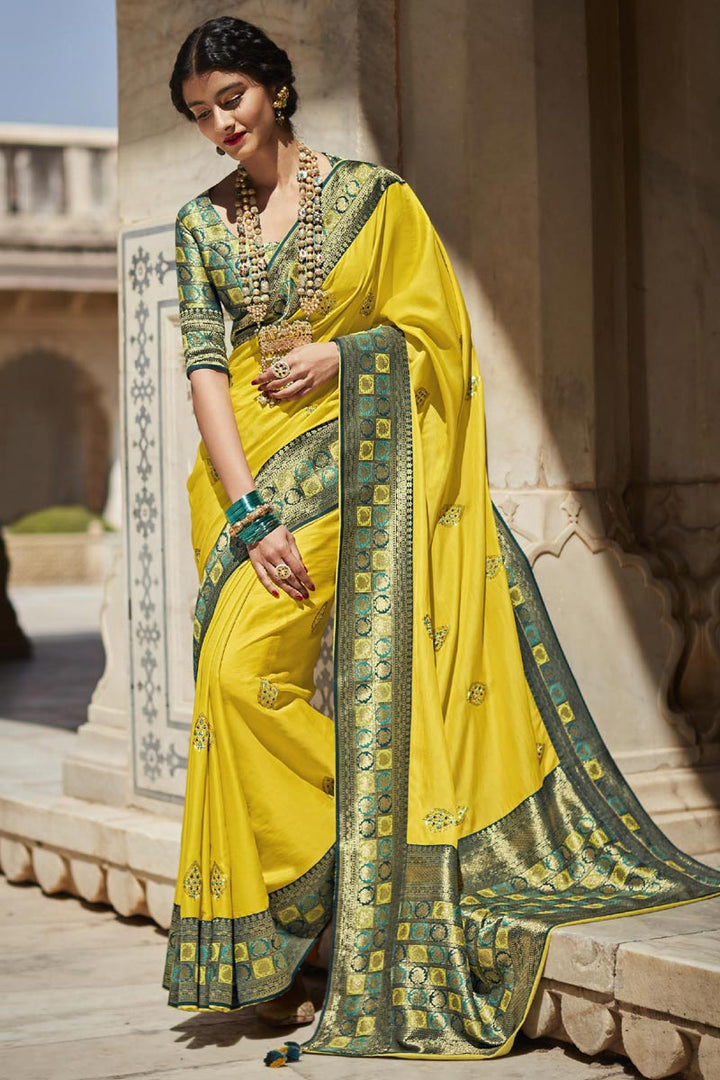 Weaving Work On Yellow Color Art Silk Fabric Function Wear Remarkable Saree