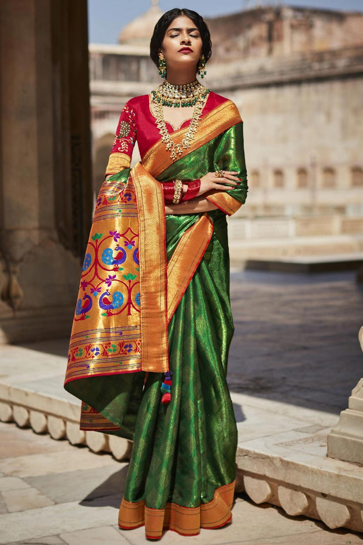 Beauteous Function Wear Green Color Weaving Work Saree In Art Silk Fabric