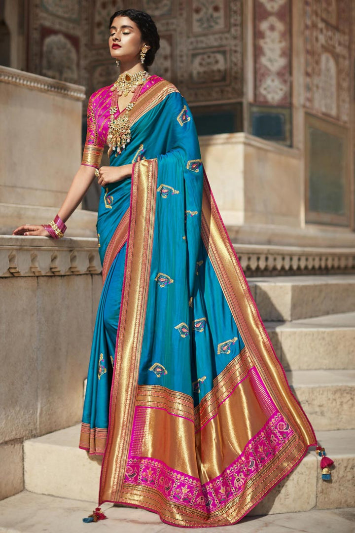 Art Silk Fabric Cyan Color Weaving Work Function Wear Winsome Saree