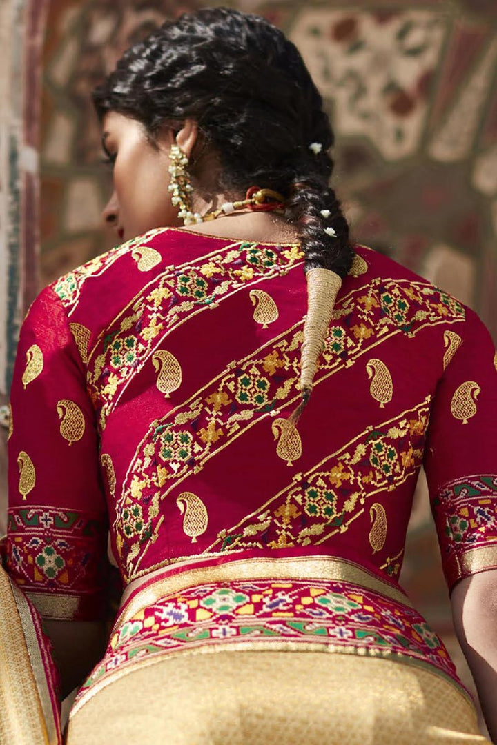 Weaving Work On Cream Color Art Silk Fabric Function Wear Mesmeric Saree