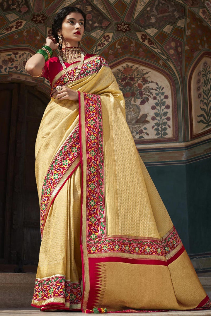 Weaving Work On Cream Color Art Silk Fabric Function Wear Mesmeric Saree