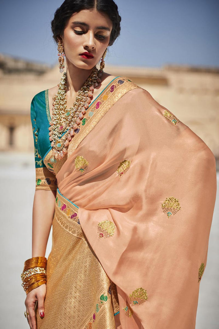 Weaving Work On Art Silk Fabric Function Wear Beatific Saree In Peach Color