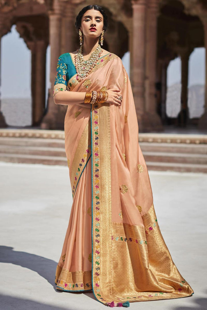 Weaving Work On Art Silk Fabric Function Wear Beatific Saree In Peach Color