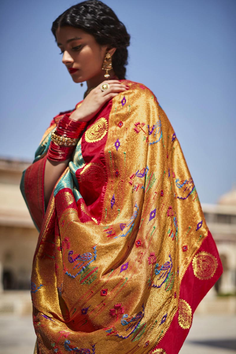 Function Wear Cyan Color Weaving Work Inventive Saree In Art Silk Fabric