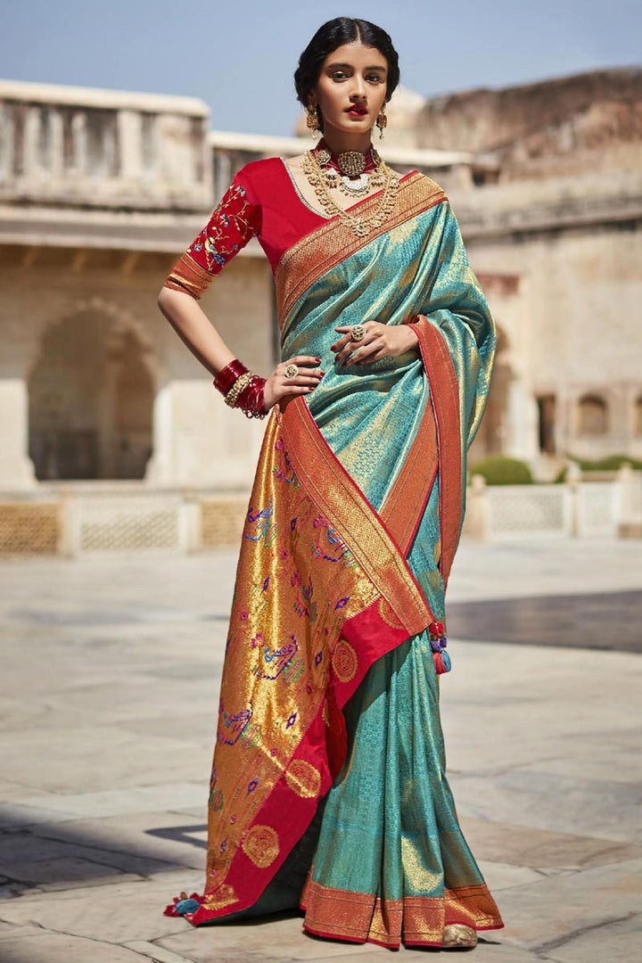 Function Wear Cyan Color Weaving Work Inventive Saree In Art Silk Fabric
