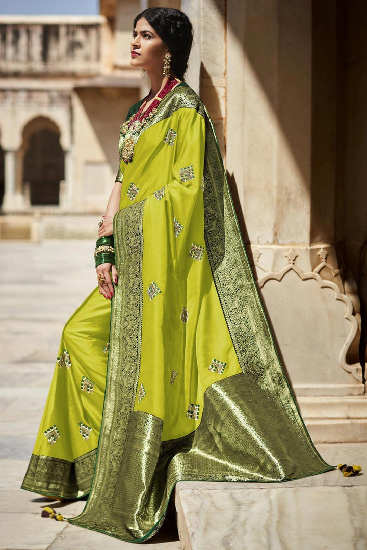 Weaving Work Green Color Art Silk Fabric Engaging Function Wear Saree