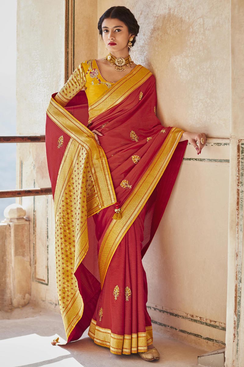 Art Silk Fabric Red Color Weaving Work Function Wear Phenomenal Saree