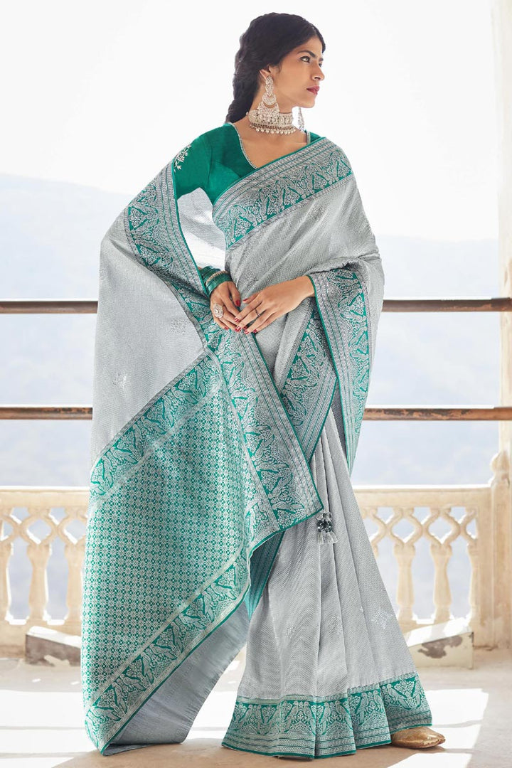Function Wear Grey Color Weaving Work Precious Saree In Art Silk Fabric
