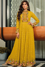 Load image into Gallery viewer, Readymade Yellow Color Georgette Fabric Ravishing Gown
