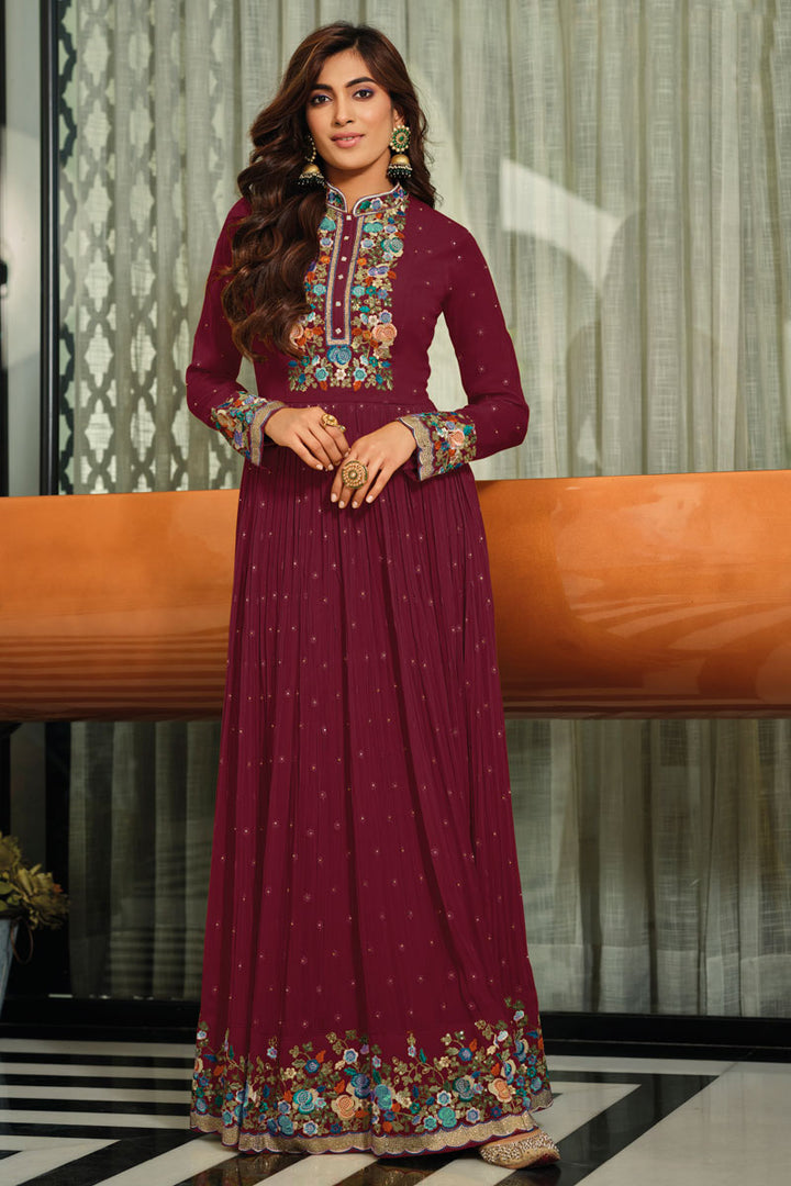 Maroon Color Tempting Readymade Gown In Georgette Fabric