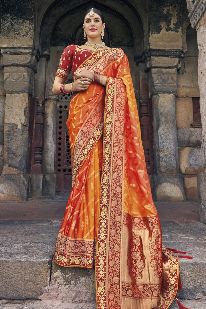 Orange Color Trendy Weaving Work Silk Fabric Party Wear Saree