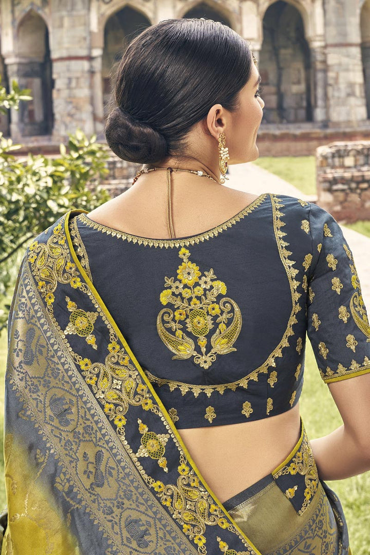 Silk Fabric Weaving Work Yellow Color Wedding Wear Saree