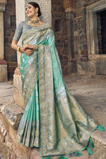 Load image into Gallery viewer, Cyan Color Weaving Work Silk Fabric Party Wear Saree

