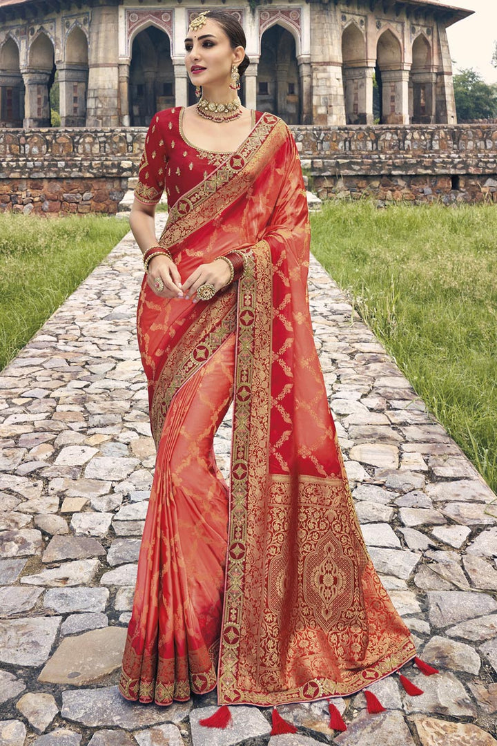 Weaving Work Silk Fabric Peach Color Sangeet Wear Saree