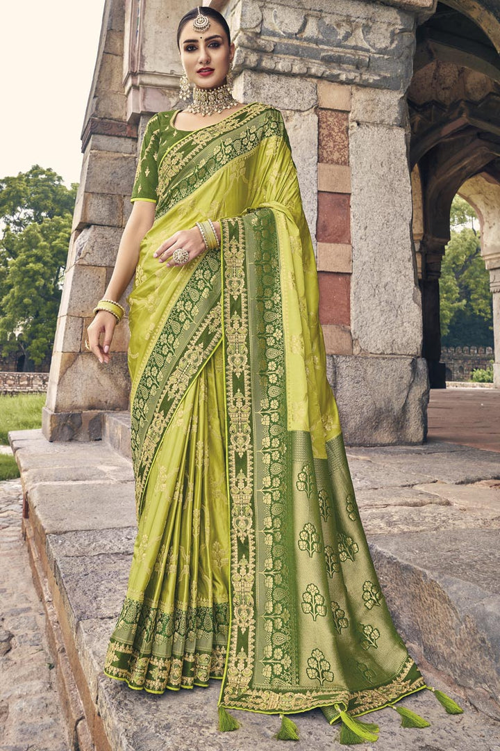 Green Color Silk Fabric Weaving Work Function Wear Saree