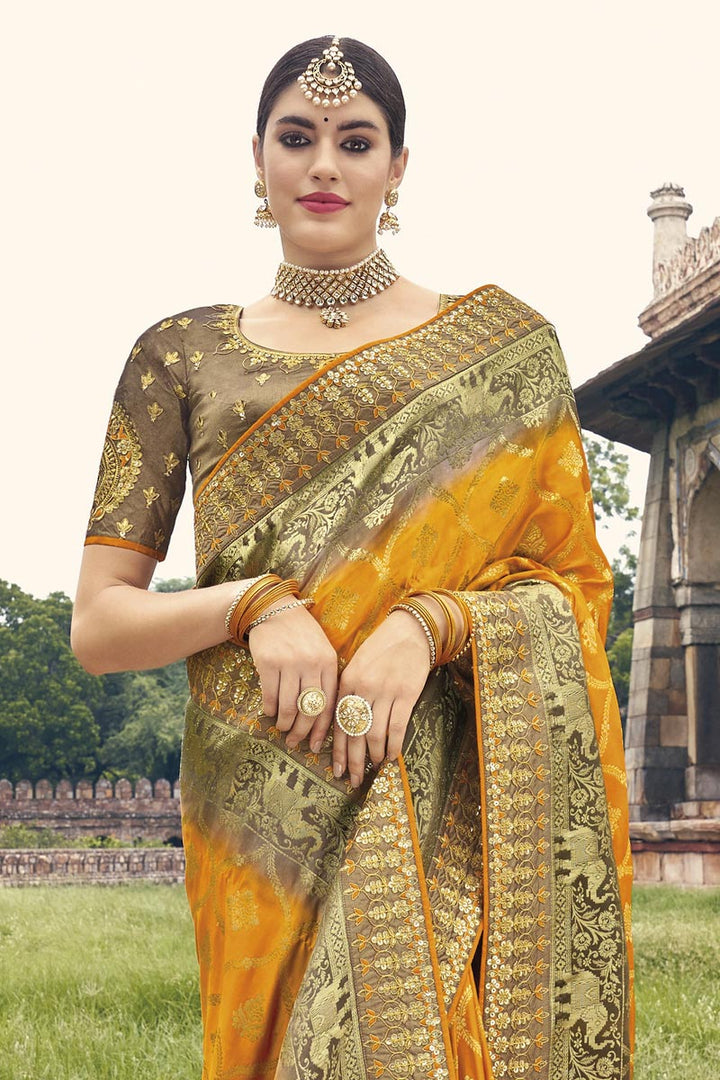 Silk Fabric Mustard Color Weaving Work Festive Wear Fancy Saree