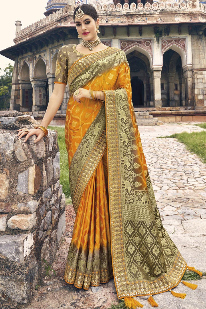Silk Fabric Mustard Color Weaving Work Festive Wear Fancy Saree