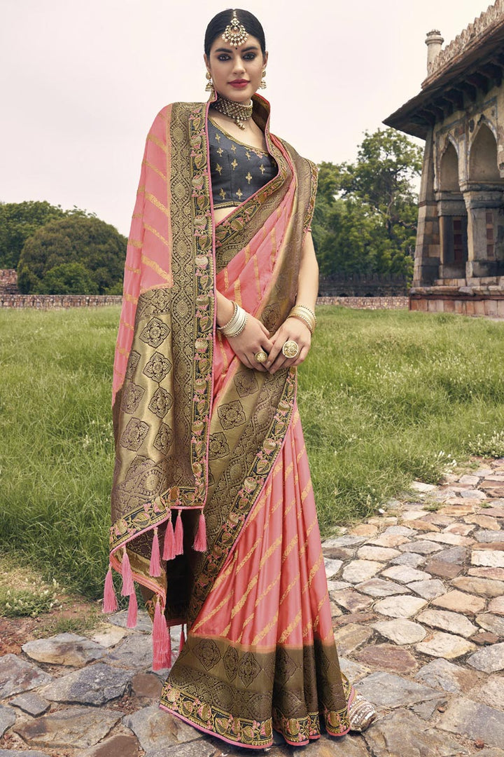 Pink Color Weaving Work Silk Fabric Party Wear Trendy Saree