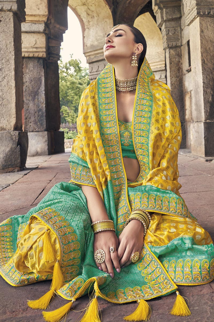 Weaving Work Silk Fabric Yellow Color Sangeet Wear Designer Saree