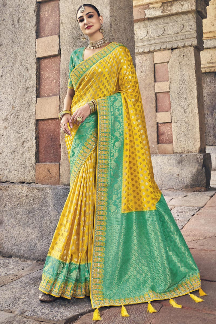 Weaving Work Silk Fabric Yellow Color Sangeet Wear Designer Saree