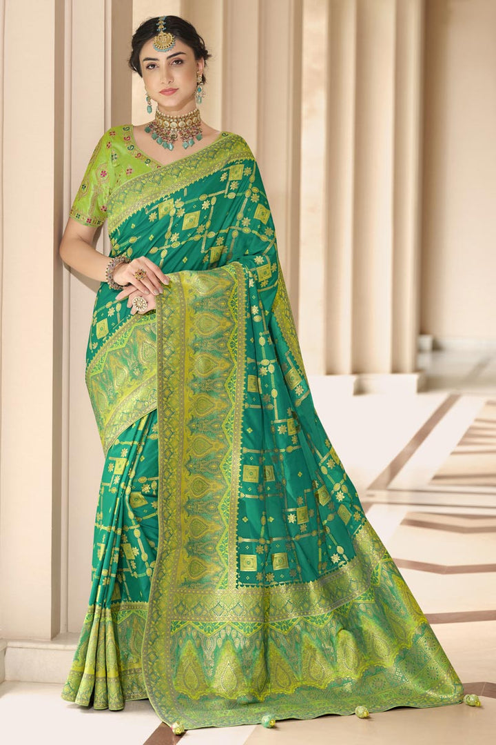 Teal Color Soothing Function Wear Weaving Work Silk Saree