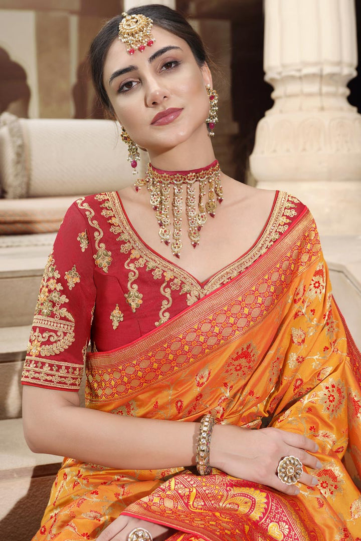 Orange Color Attractive Function Wear Silk Weaving Work Saree