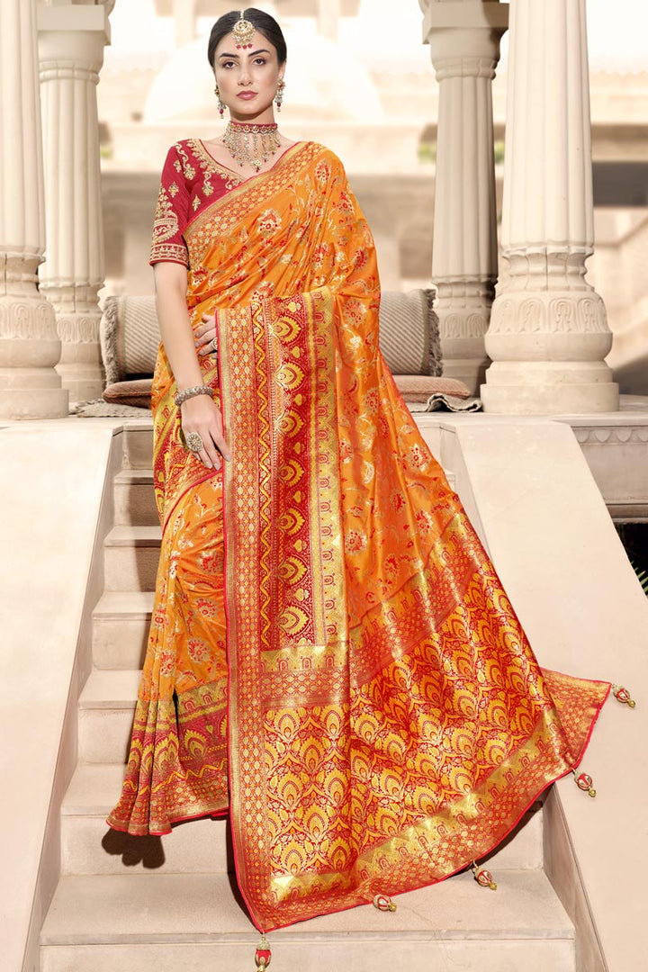 Orange Color Attractive Function Wear Silk Weaving Work Saree