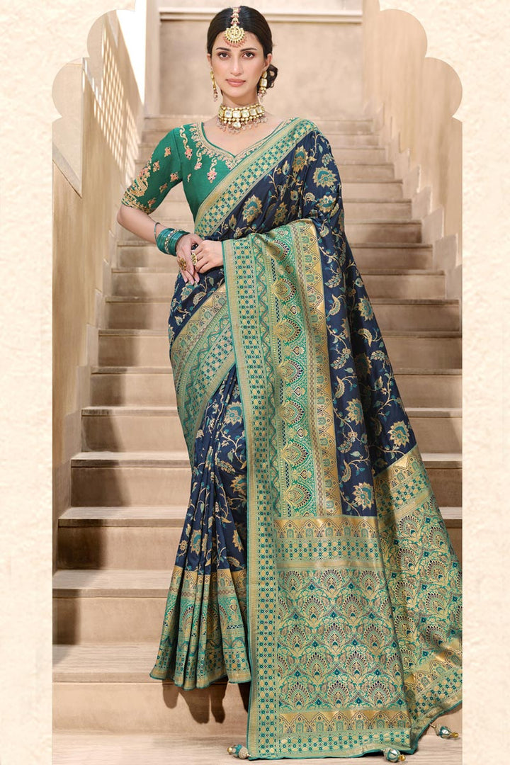 Wonderful Function Wear Weaving Work Silk Saree In Navy Blue Color