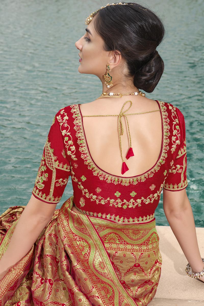 Peach Color Appealing Function Wear Weaving Work Silk Saree
