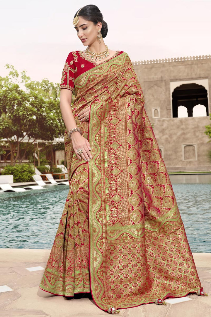 Peach Color Appealing Function Wear Weaving Work Silk Saree
