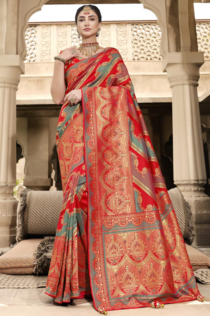 Red Color Lovely Function Wear Weaving Work Silk Saree