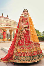 Load image into Gallery viewer, Silk Fabric Embroidered Work Brilliant Bridal Lehenga With Double Dupatta In Red Color
