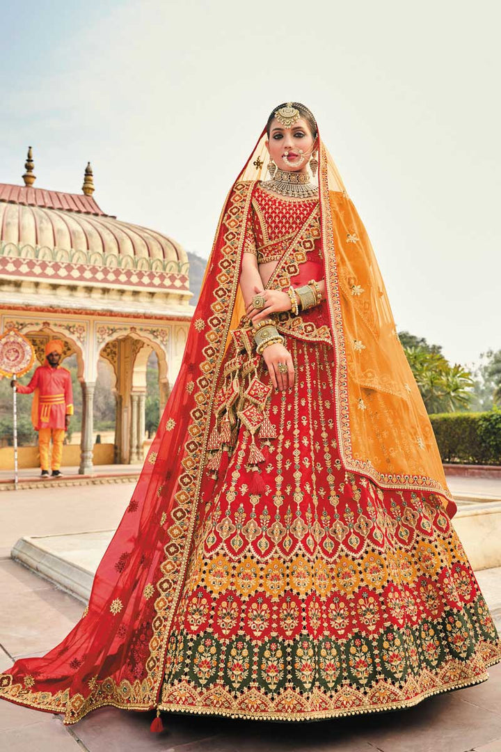 Silk Fabric Embroidered Work Brilliant Bridal Lehenga With Double Dupatta In Red Color
