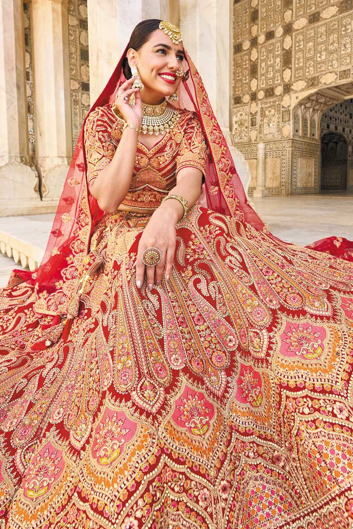 Silk Fabric Embroidered Work Wonderful Bridal Lehenga In Maroon Color
