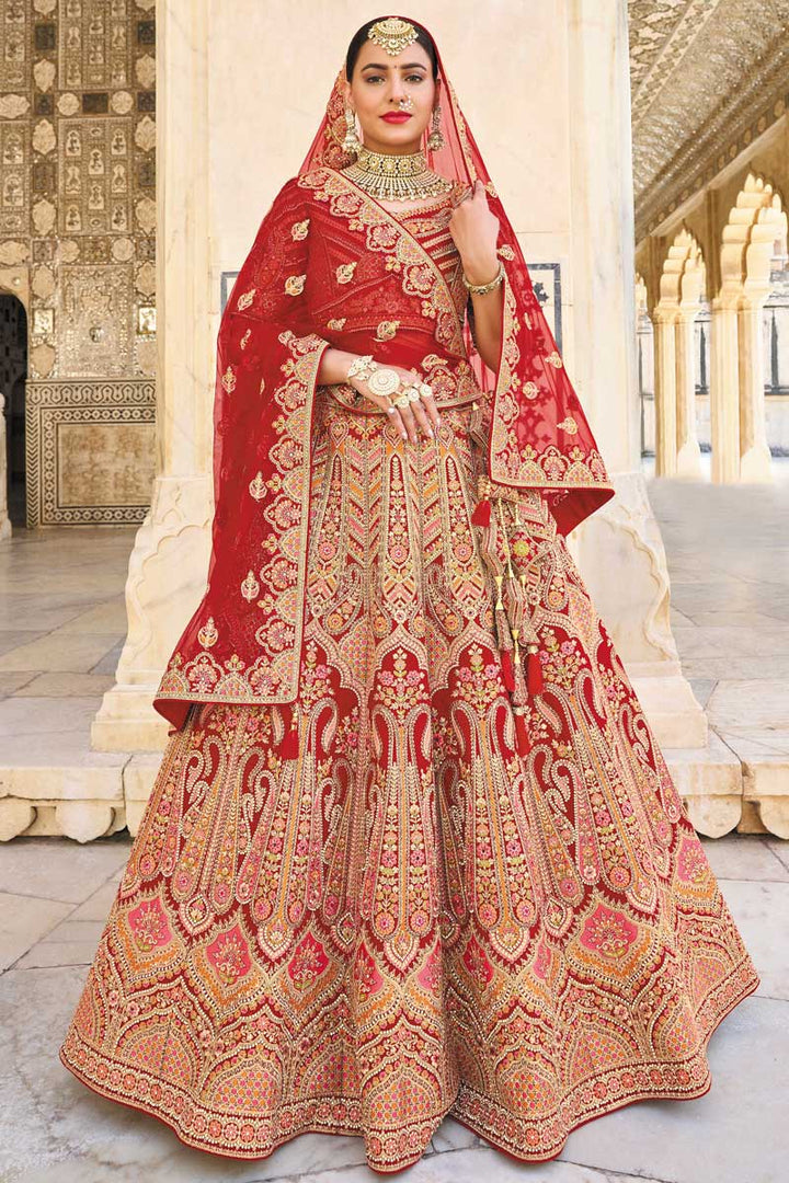 Silk Fabric Embroidered Work Wonderful Bridal Lehenga In Maroon Color