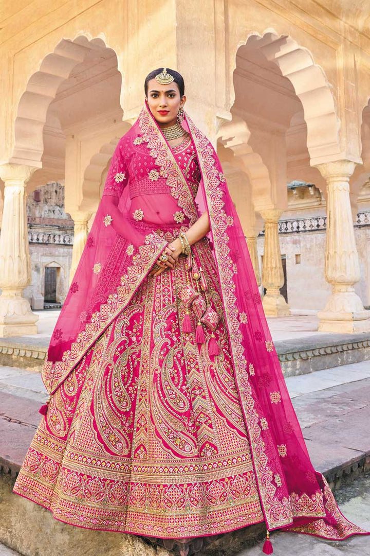 Silk Fabric Stunning Embroidered Bridal Lehenga In Pink Color