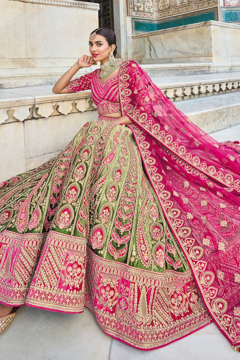 Silk Fabric Green Color Embroidered Work Stunning Bridal Lehenga