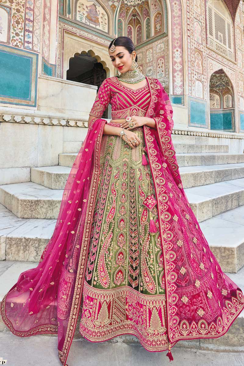 Silk Fabric Green Color Embroidered Work Stunning Bridal Lehenga