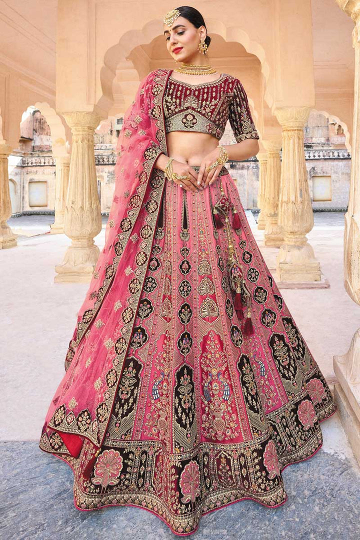 Silk Fabric Embroidered Work Imposing Bridal Lehenga In Pink Color