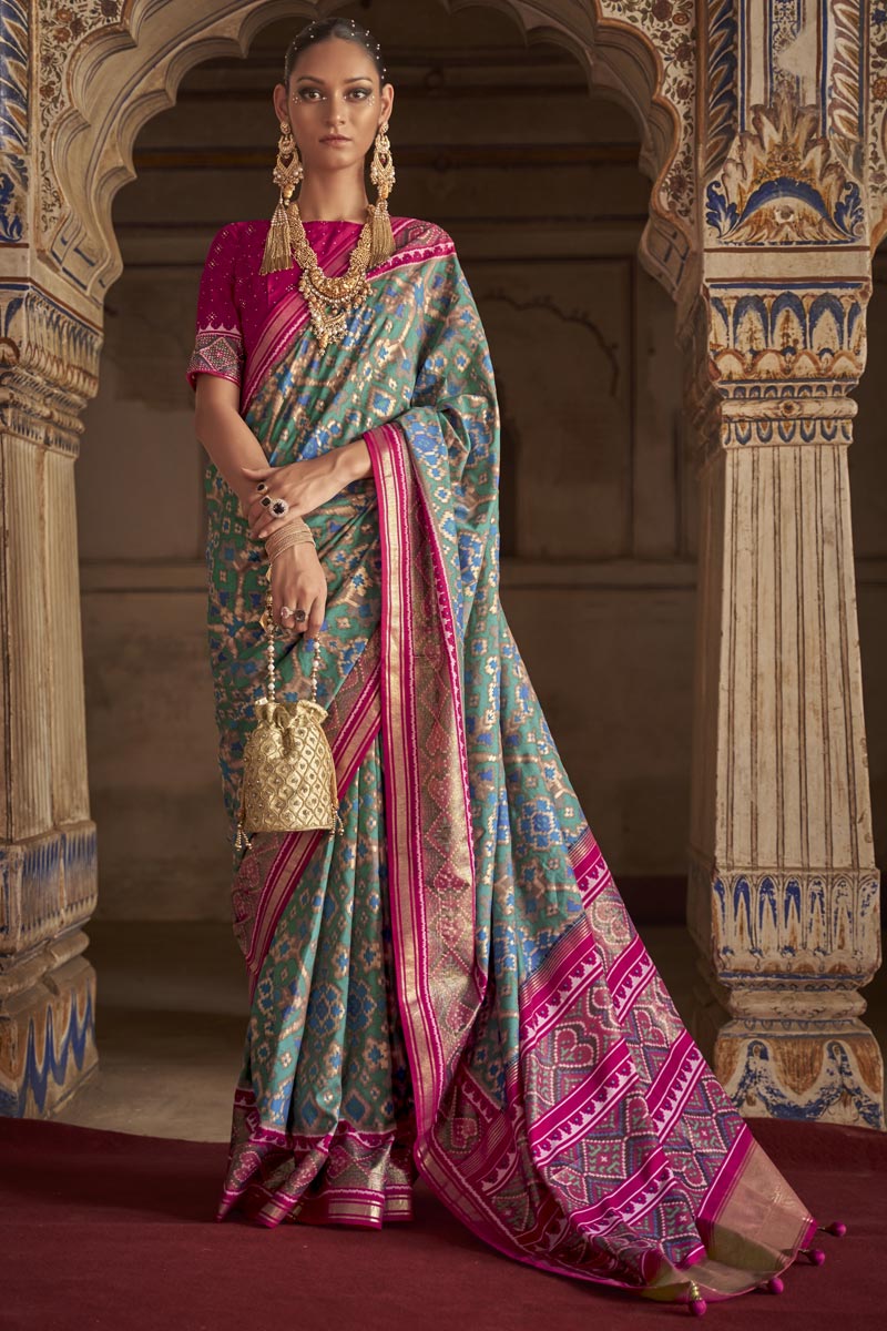 Cyan Color Art Silk Fabric Patola Printed Miraculous Saree