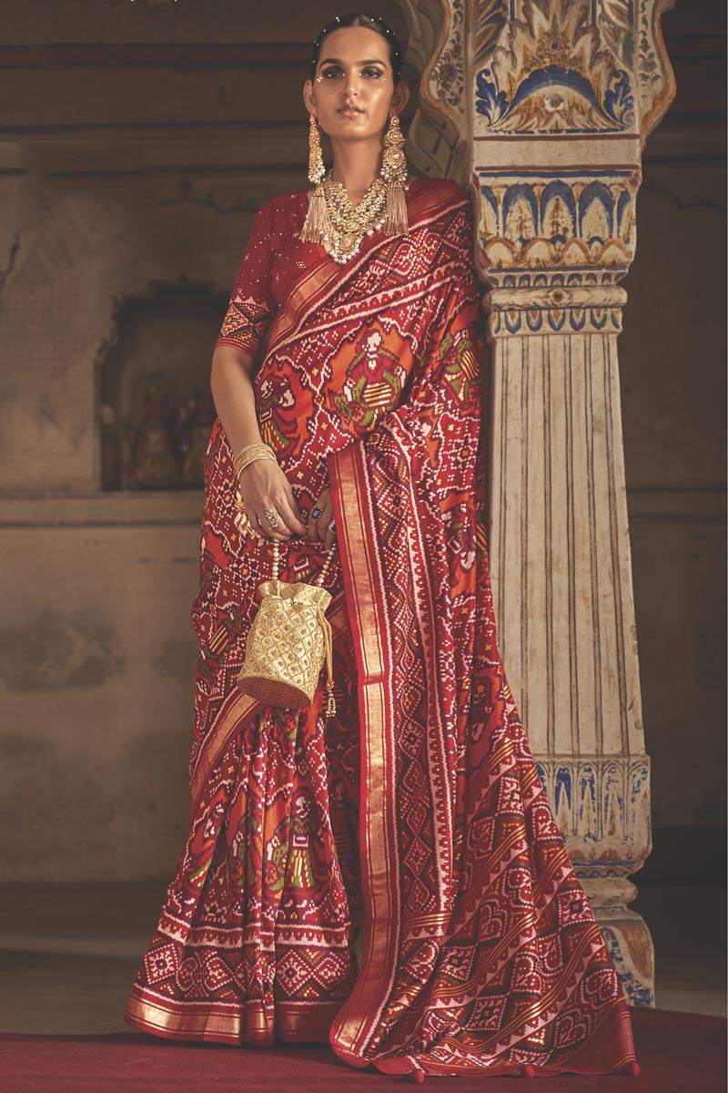 Art Silk Fabric Vivacious Patola Printed Saree In Maroon Color