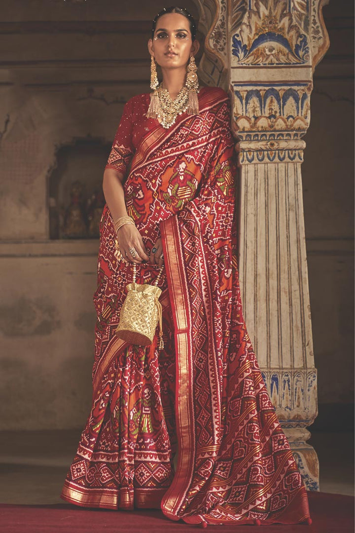 Art Silk Fabric Vivacious Patola Printed Saree In Maroon Color