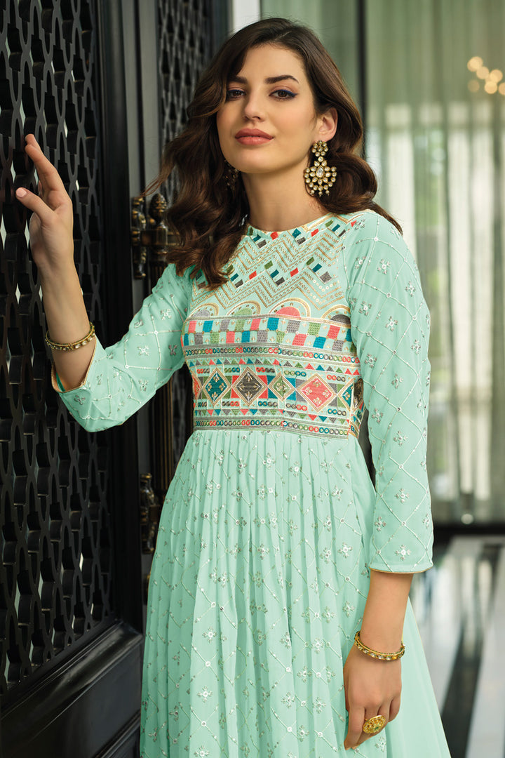 Sea Green Color Sober Party Look Anarkali Suit In Georgette Fabric