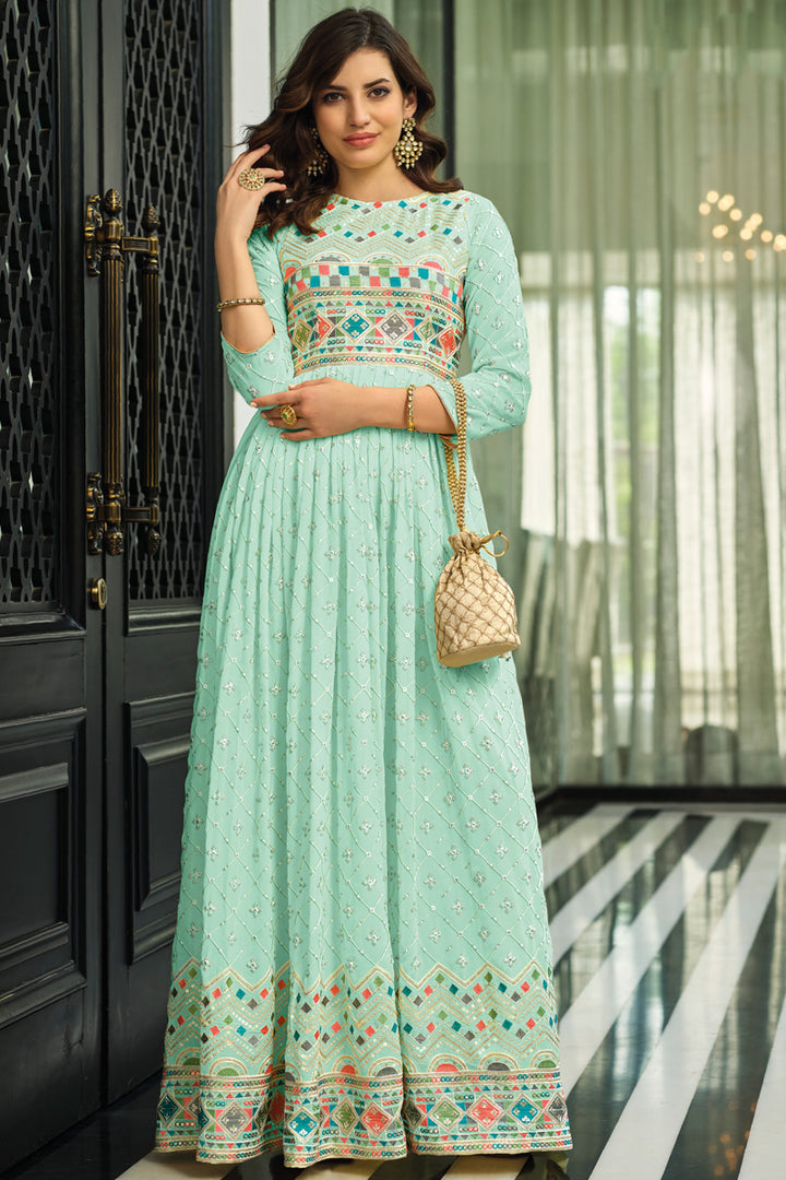 Sea Green Color Sober Party Look Anarkali Suit In Georgette Fabric