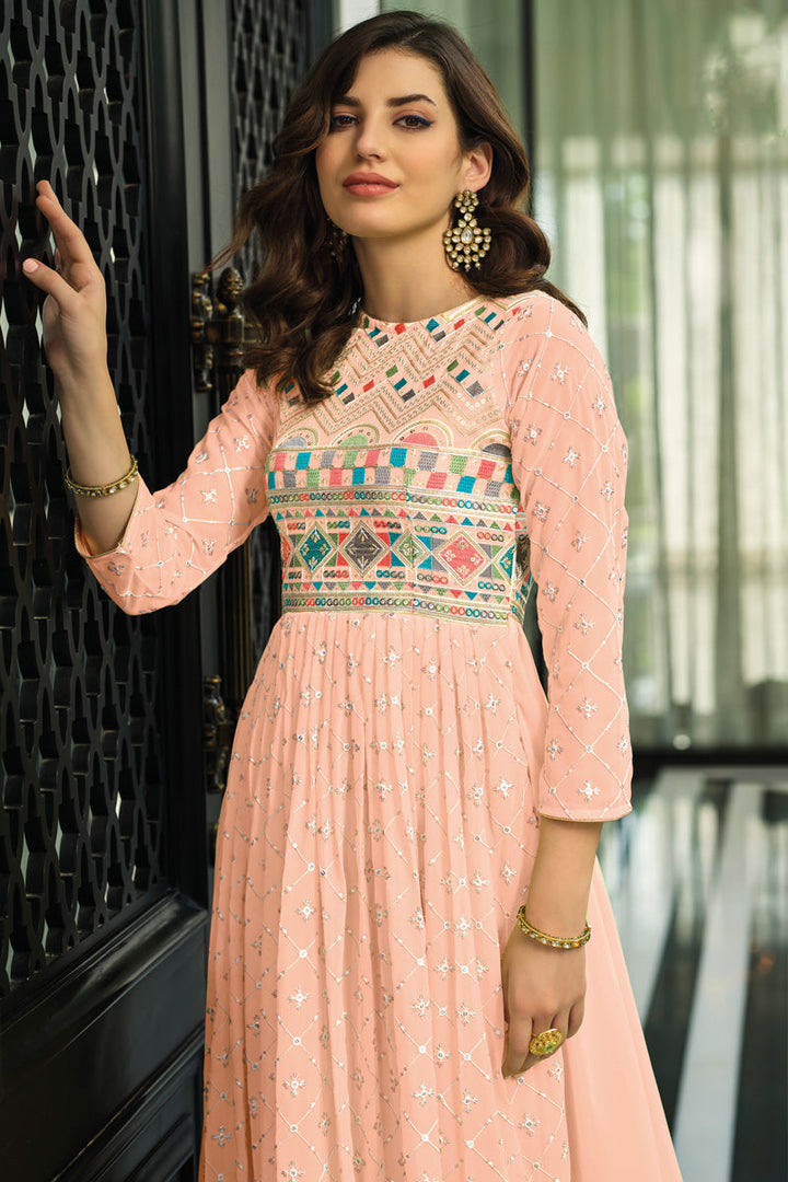 Soothing Peach Color Party Look Anarkali Suit In Georgette Fabric