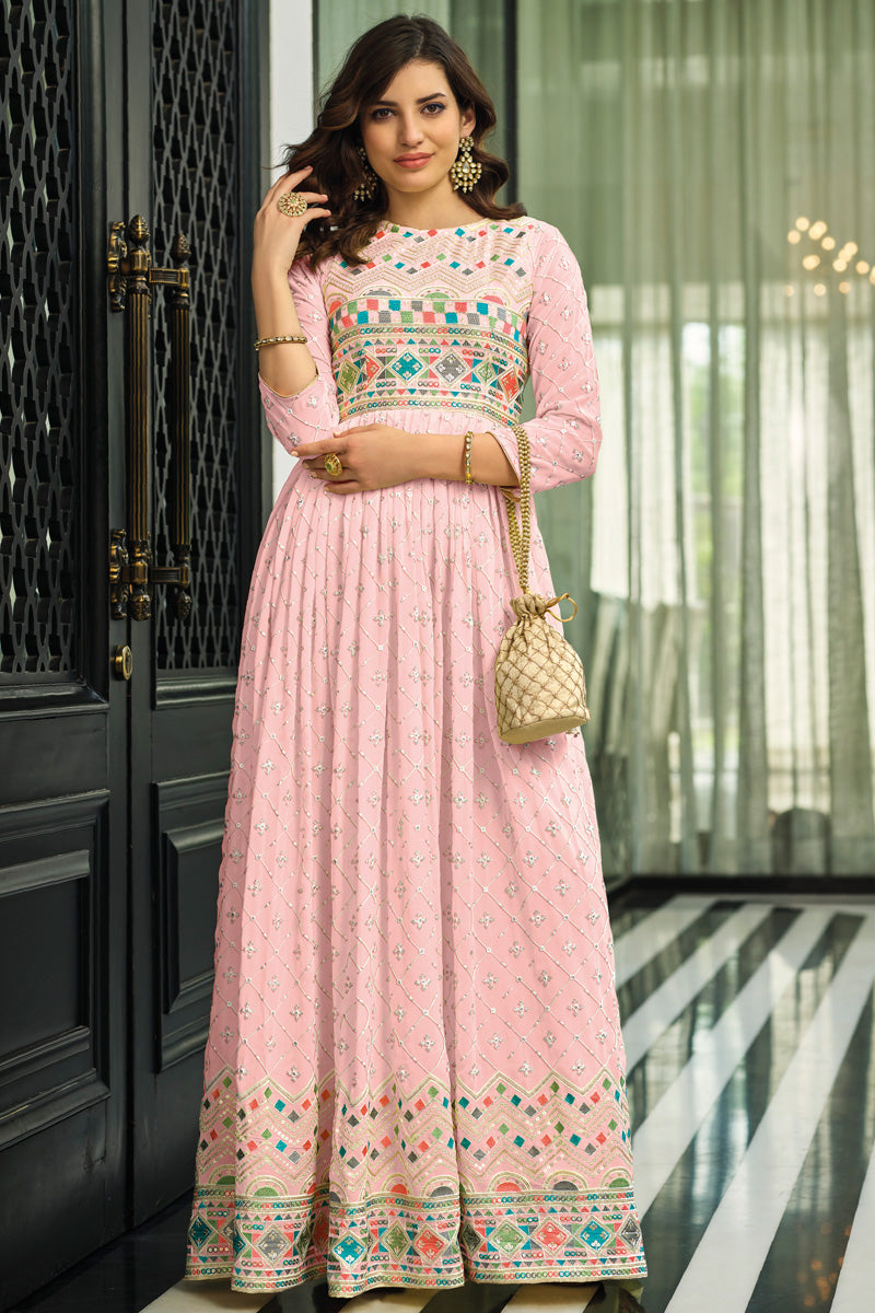 Pleasant Georgette Fabric Party Look Anarkali Suit In Pink Color