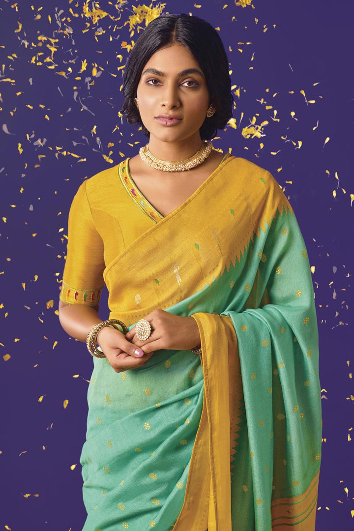 Weaving Work Sea Green Color Brasso Fabric Patterned Saree